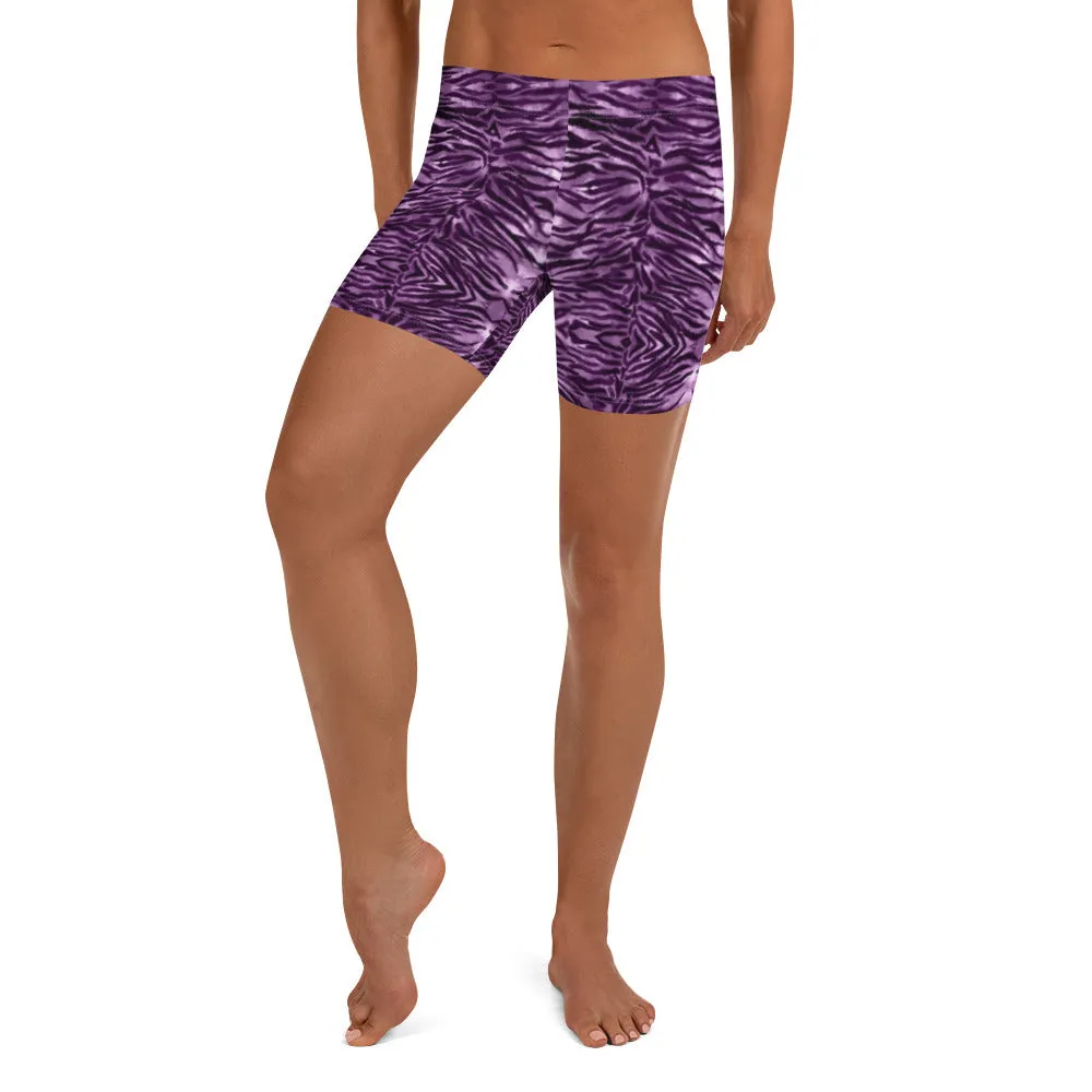 Pink Tiger Striped Shorts, Animal Print Designer Tiger Short Gym Tights For Women-Made in USA