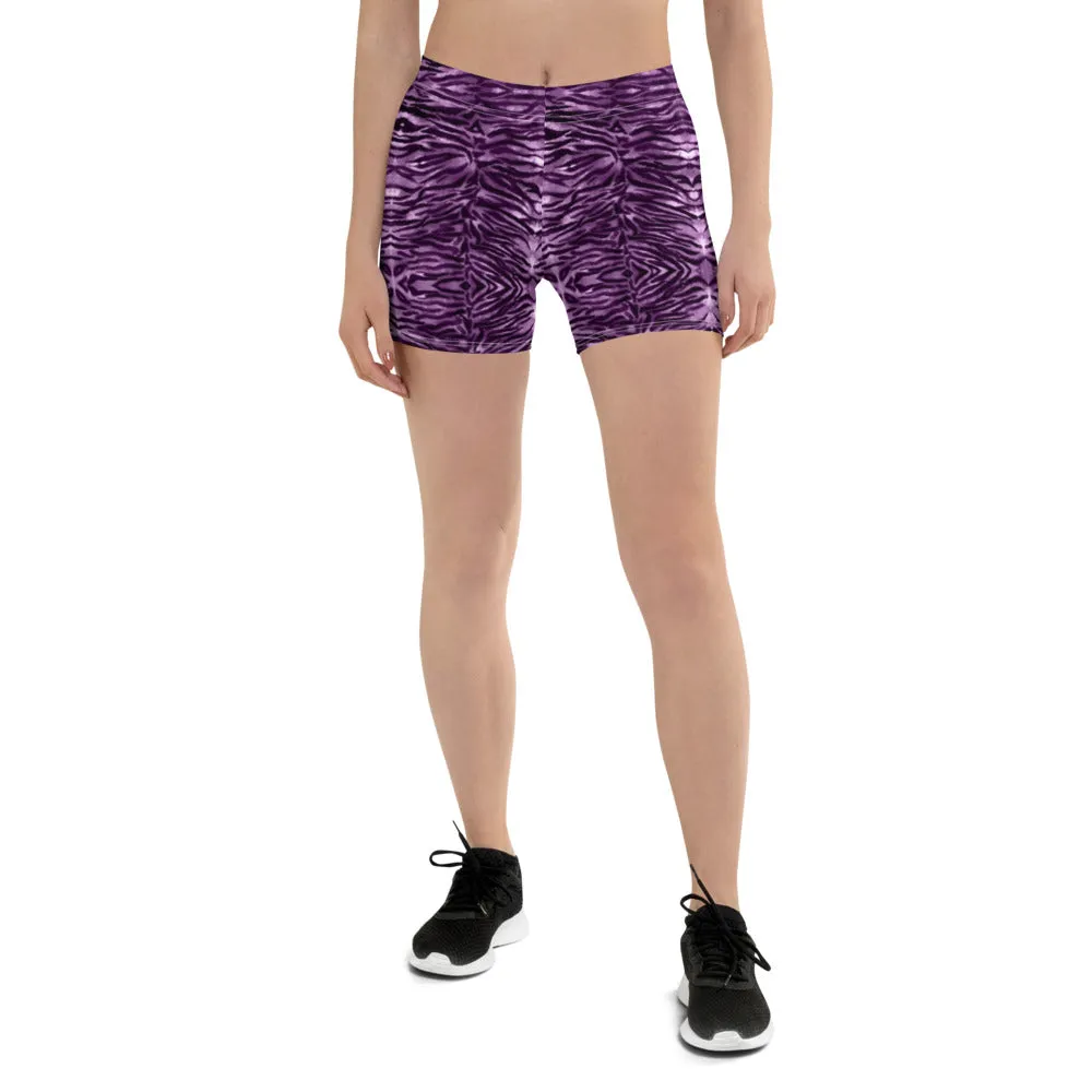 Pink Tiger Striped Shorts, Animal Print Designer Tiger Short Gym Tights For Women-Made in USA