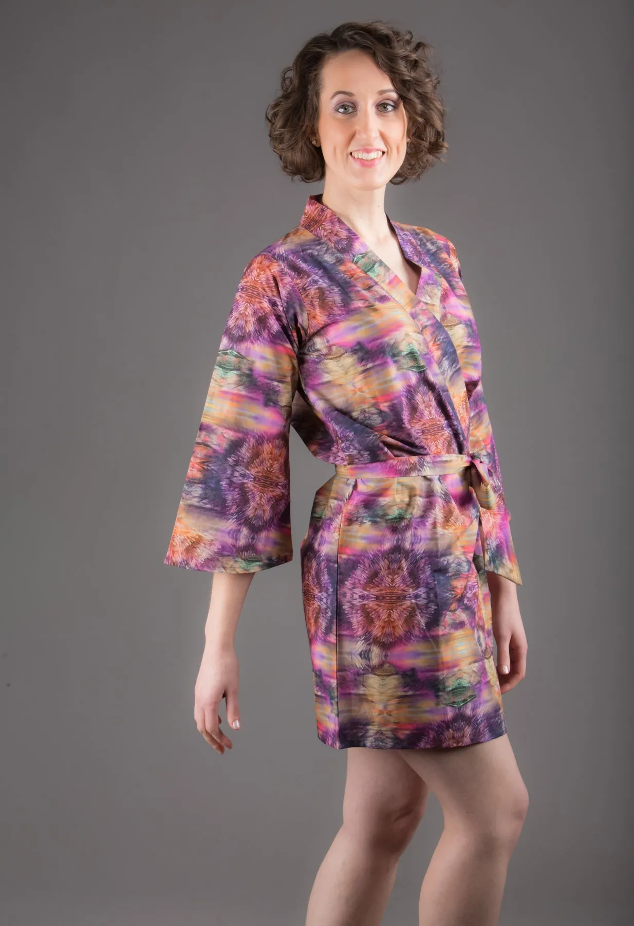 Purple Silk/Cotton Blend Digital Print Floral Knee Length, Kimono Crossover Belted Robe