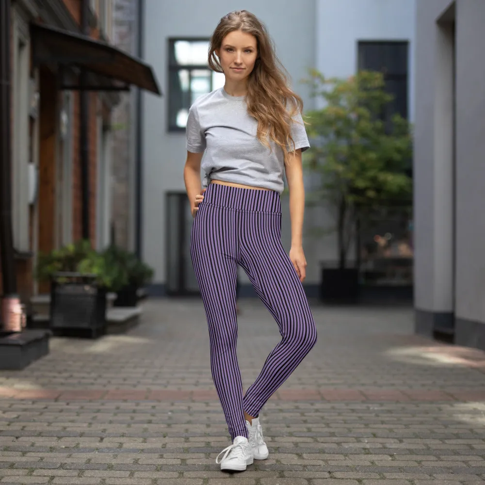 Purple Striped Women's Yoga Leggings, Modern Best Long Gym Tights-Made in USA/EU/MX