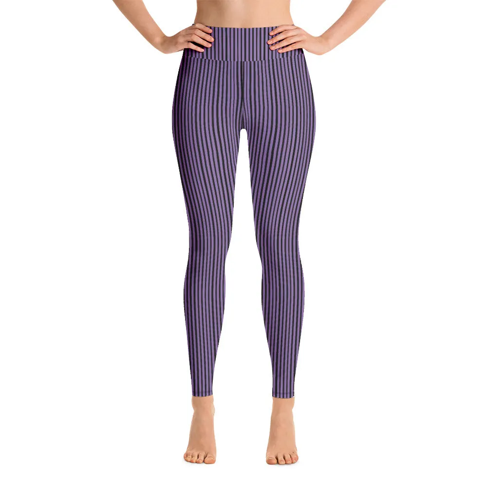 Purple Striped Women's Yoga Leggings, Modern Best Long Gym Tights-Made in USA/EU/MX