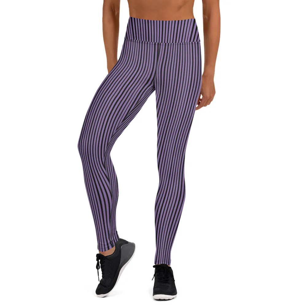 Purple Striped Women's Yoga Leggings, Modern Best Long Gym Tights-Made in USA/EU/MX