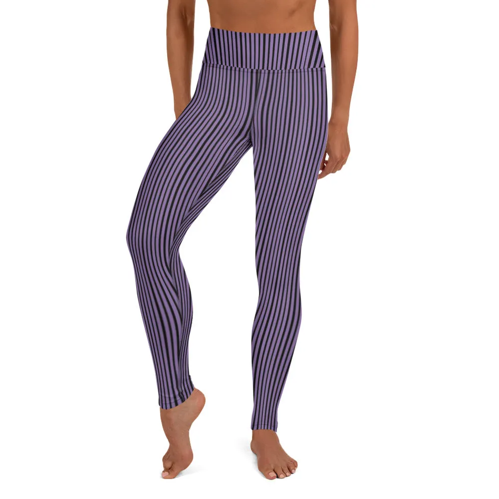 Purple Striped Women's Yoga Leggings, Modern Best Long Gym Tights-Made in USA/EU/MX