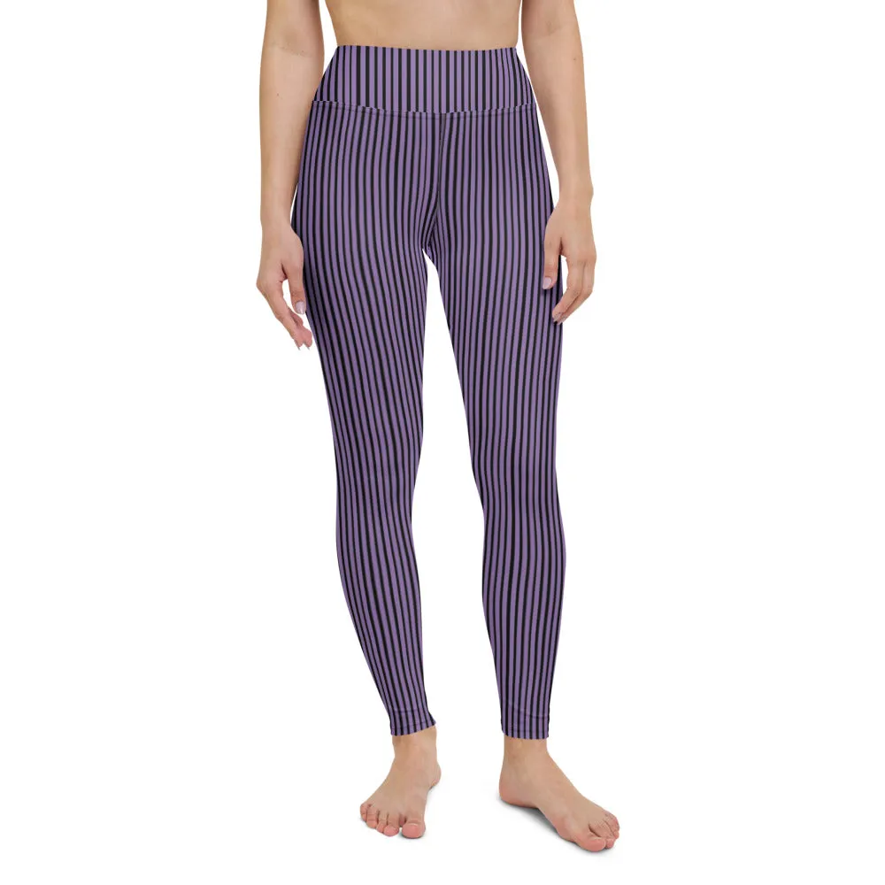 Purple Striped Women's Yoga Leggings, Modern Best Long Gym Tights-Made in USA/EU/MX