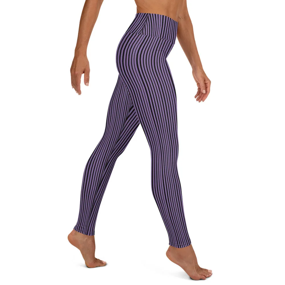 Purple Striped Women's Yoga Leggings, Modern Best Long Gym Tights-Made in USA/EU/MX