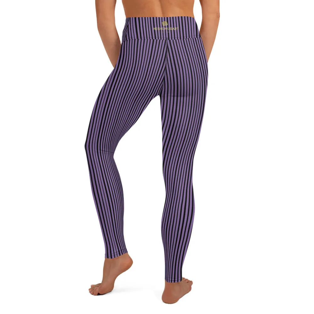 Purple Striped Women's Yoga Leggings, Modern Best Long Gym Tights-Made in USA/EU/MX