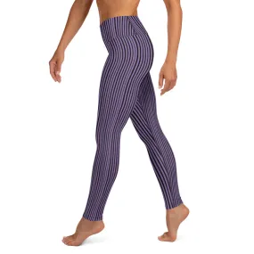 Purple Striped Women's Yoga Leggings, Modern Best Long Gym Tights-Made in USA/EU/MX