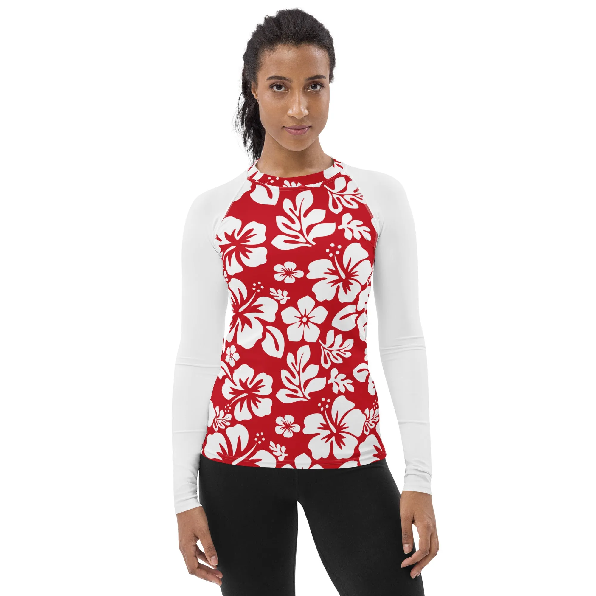 Red and White Hawaiian Print Women's Rash Guard with White Sleeves