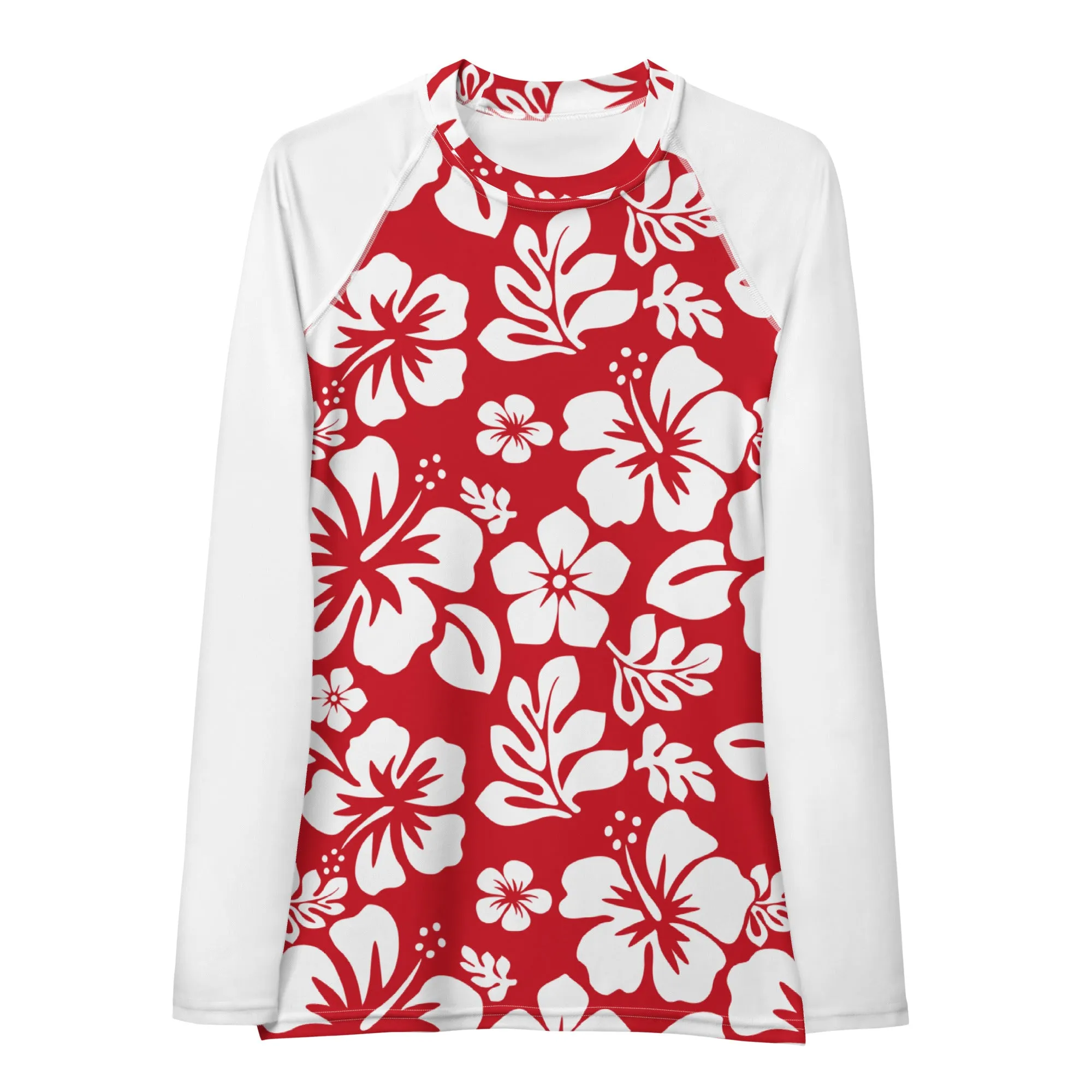 Red and White Hawaiian Print Women's Rash Guard with White Sleeves