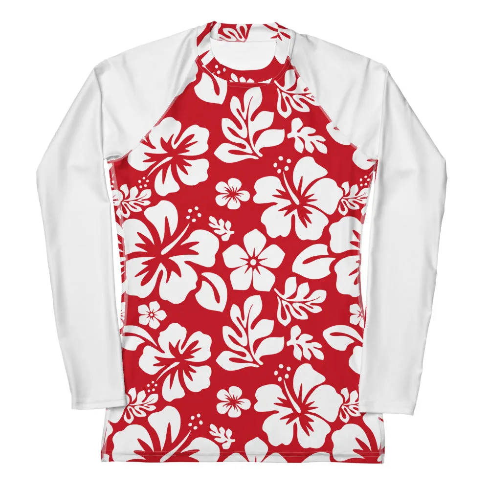 Red and White Hawaiian Print Women's Rash Guard with White Sleeves