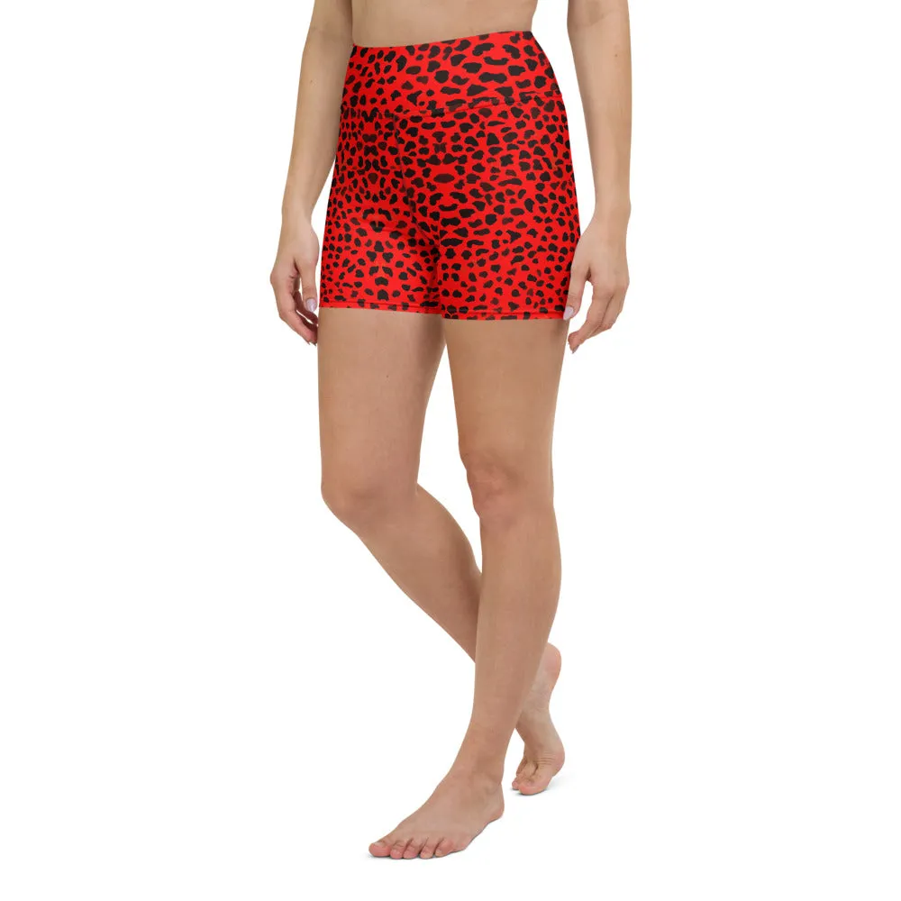 Red Cheetah Yoga Shorts, Animal Print Women's Elastic Soft Short Tights-Made in USA/EU