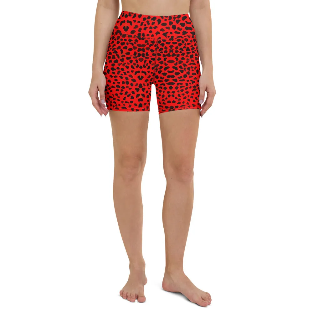 Red Cheetah Yoga Shorts, Animal Print Women's Elastic Soft Short Tights-Made in USA/EU