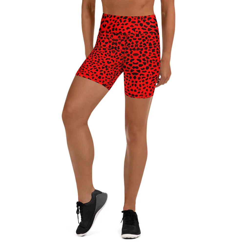 Red Cheetah Yoga Shorts, Animal Print Women's Elastic Soft Short Tights-Made in USA/EU