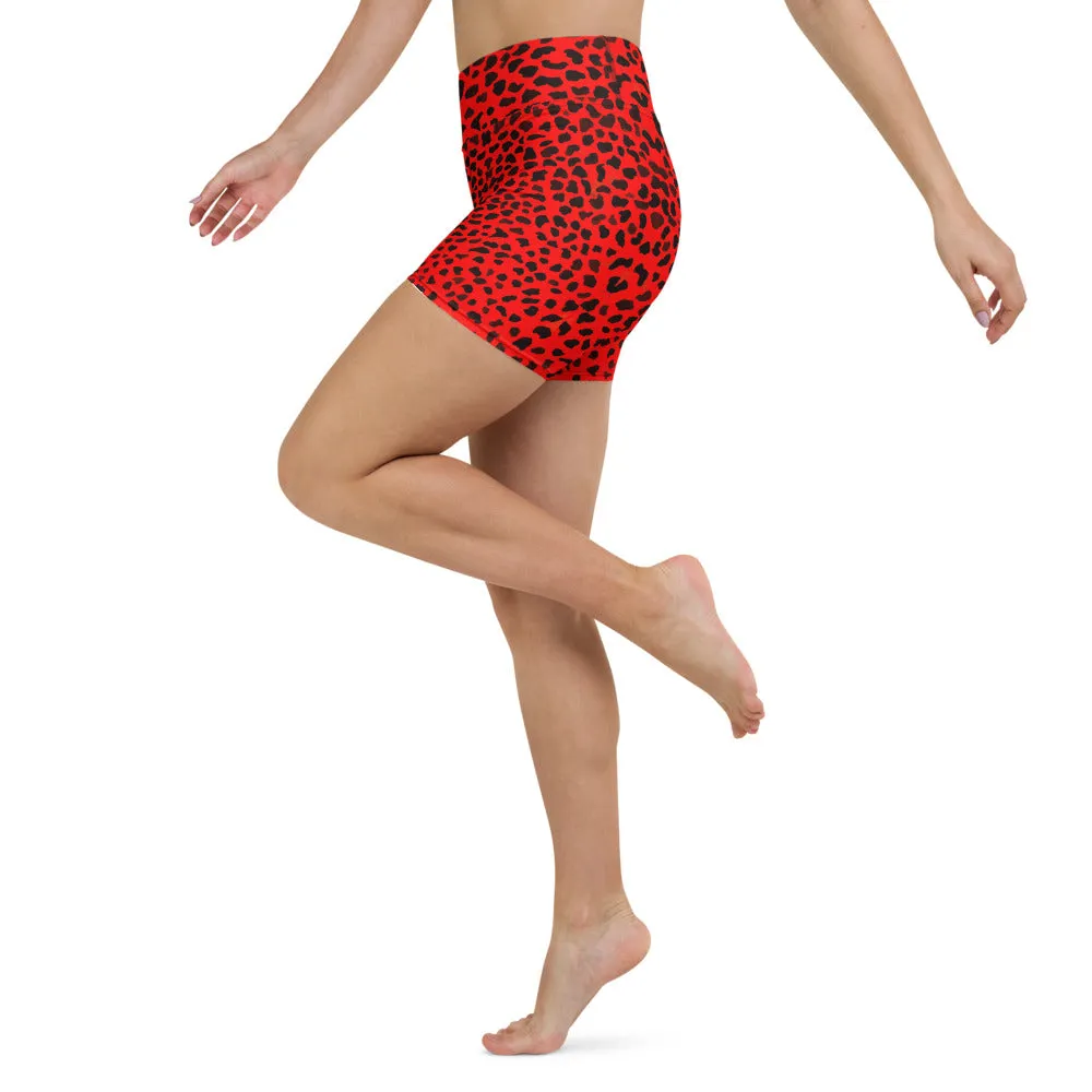 Red Cheetah Yoga Shorts, Animal Print Women's Elastic Soft Short Tights-Made in USA/EU