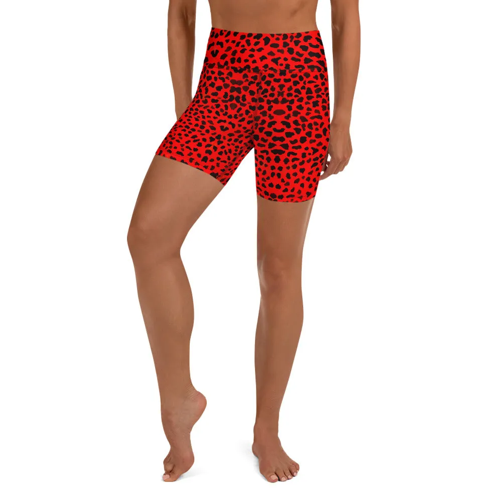 Red Cheetah Yoga Shorts, Animal Print Women's Elastic Soft Short Tights-Made in USA/EU