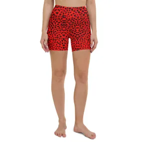 Red Cheetah Yoga Shorts, Animal Print Women's Elastic Soft Short Tights-Made in USA/EU