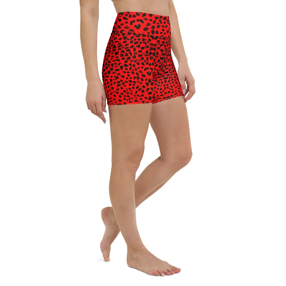 Red Cheetah Yoga Shorts, Animal Print Women's Elastic Soft Short Tights-Made in USA/EU