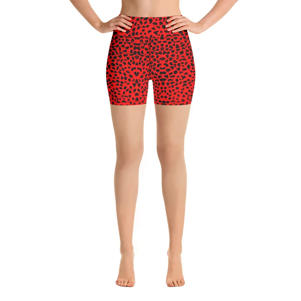 Red Cheetah Yoga Shorts, Animal Print Women's Elastic Soft Short Tights-Made in USA/EU