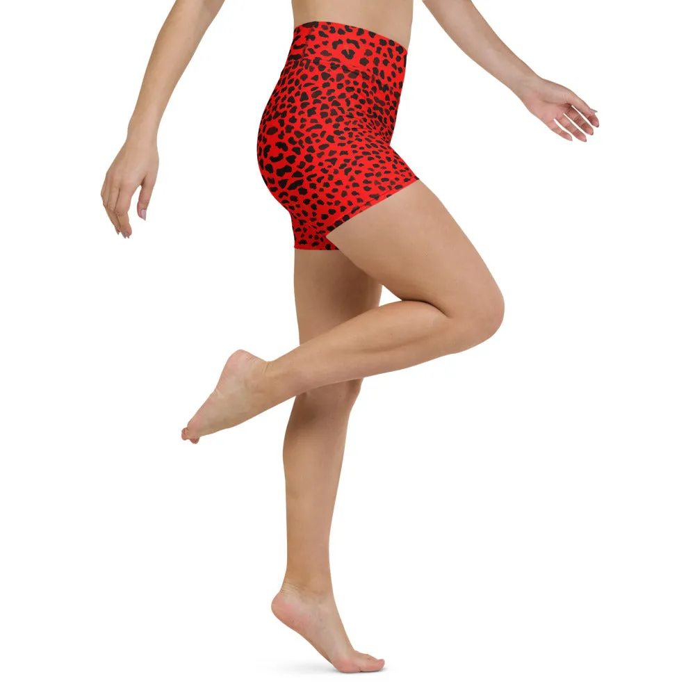 Red Cheetah Yoga Shorts, Animal Print Women's Elastic Soft Short Tights-Made in USA/EU