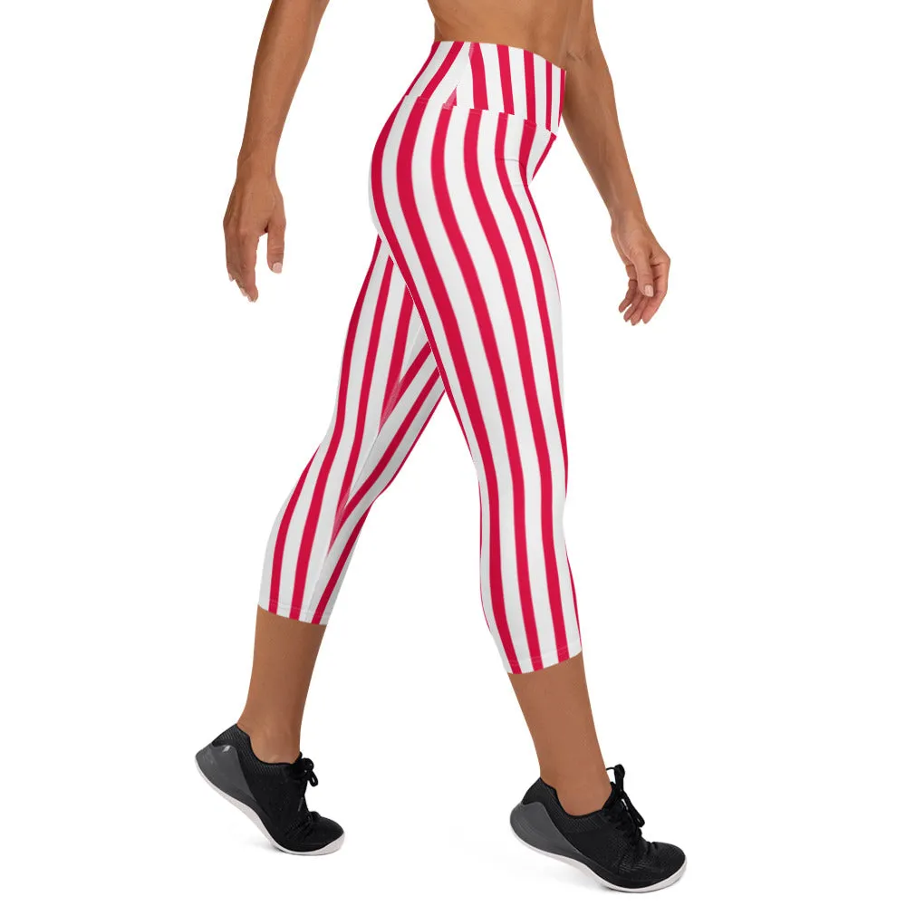 Red Striped Capri Pants, Women's Circus Stripes Yoga Designer Capri Leggings-Made in USA/EU