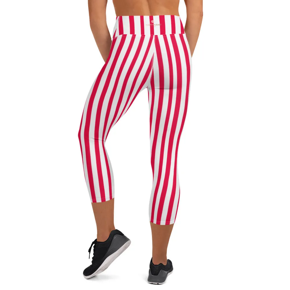 Red Striped Capri Pants, Women's Circus Stripes Yoga Designer Capri Leggings-Made in USA/EU