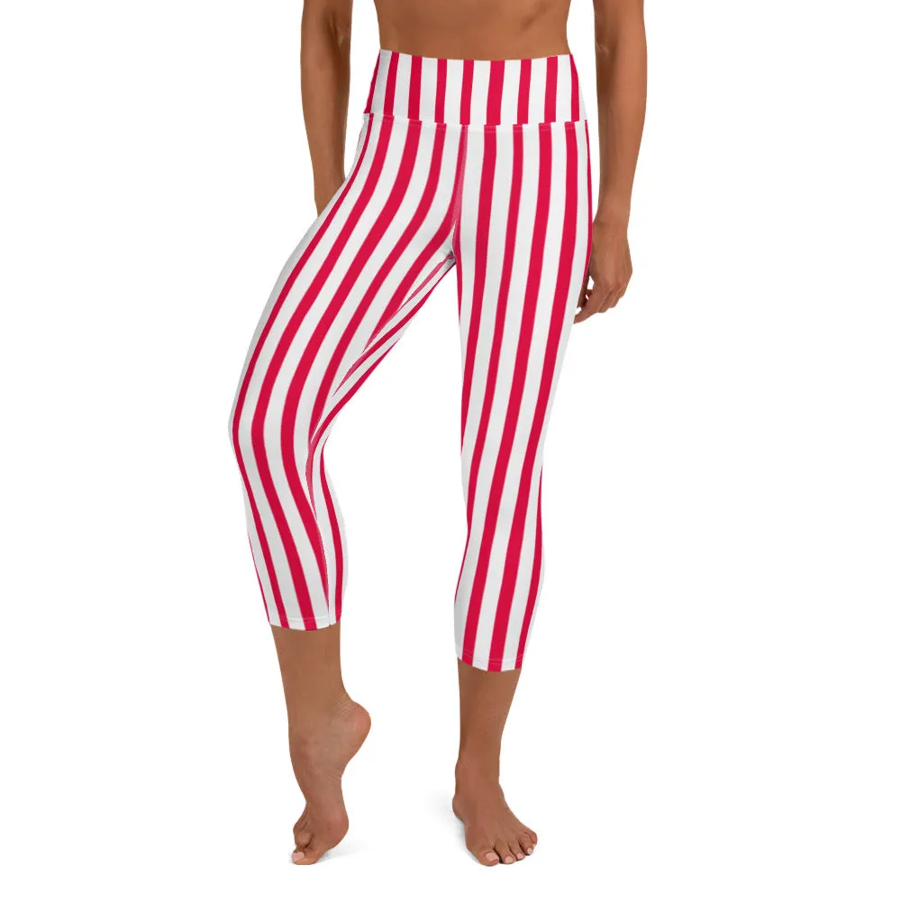 Red Striped Capri Pants, Women's Circus Stripes Yoga Designer Capri Leggings-Made in USA/EU