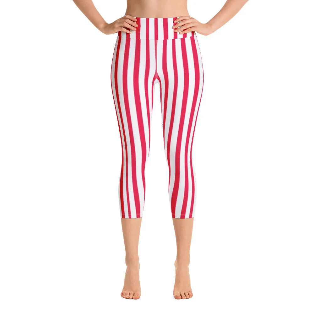 Red Striped Capri Pants, Women's Circus Stripes Yoga Designer Capri Leggings-Made in USA/EU