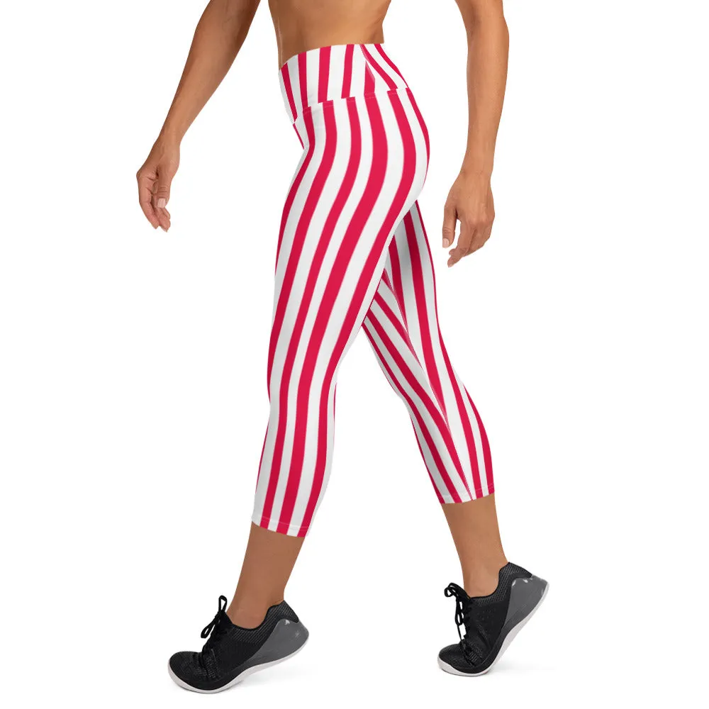 Red Striped Capri Pants, Women's Circus Stripes Yoga Designer Capri Leggings-Made in USA/EU