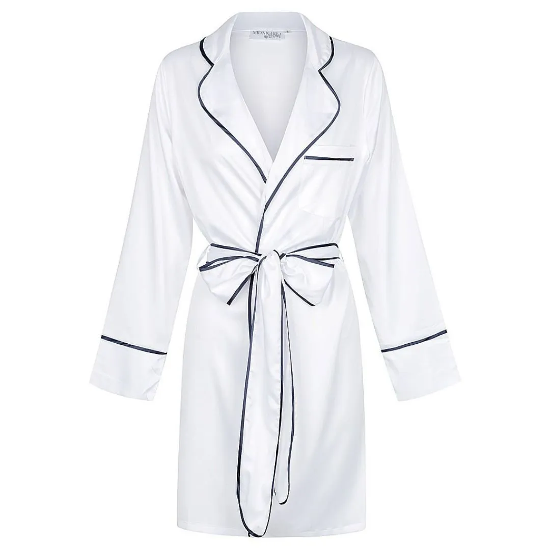 Satin Signature Personalised Robe - White/Navy (Faulty/Final Sale)