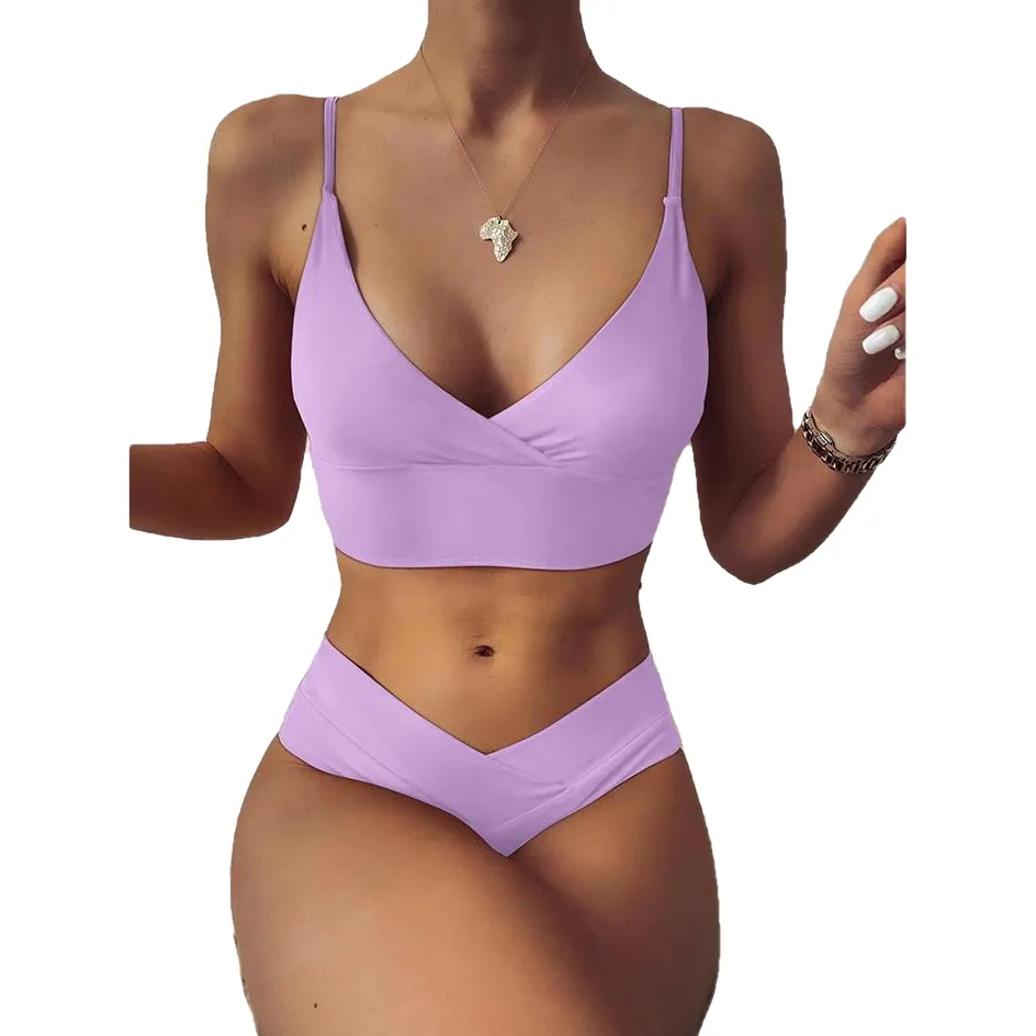 Sexy Women's High Waist Cotton Swimwear Solid Color