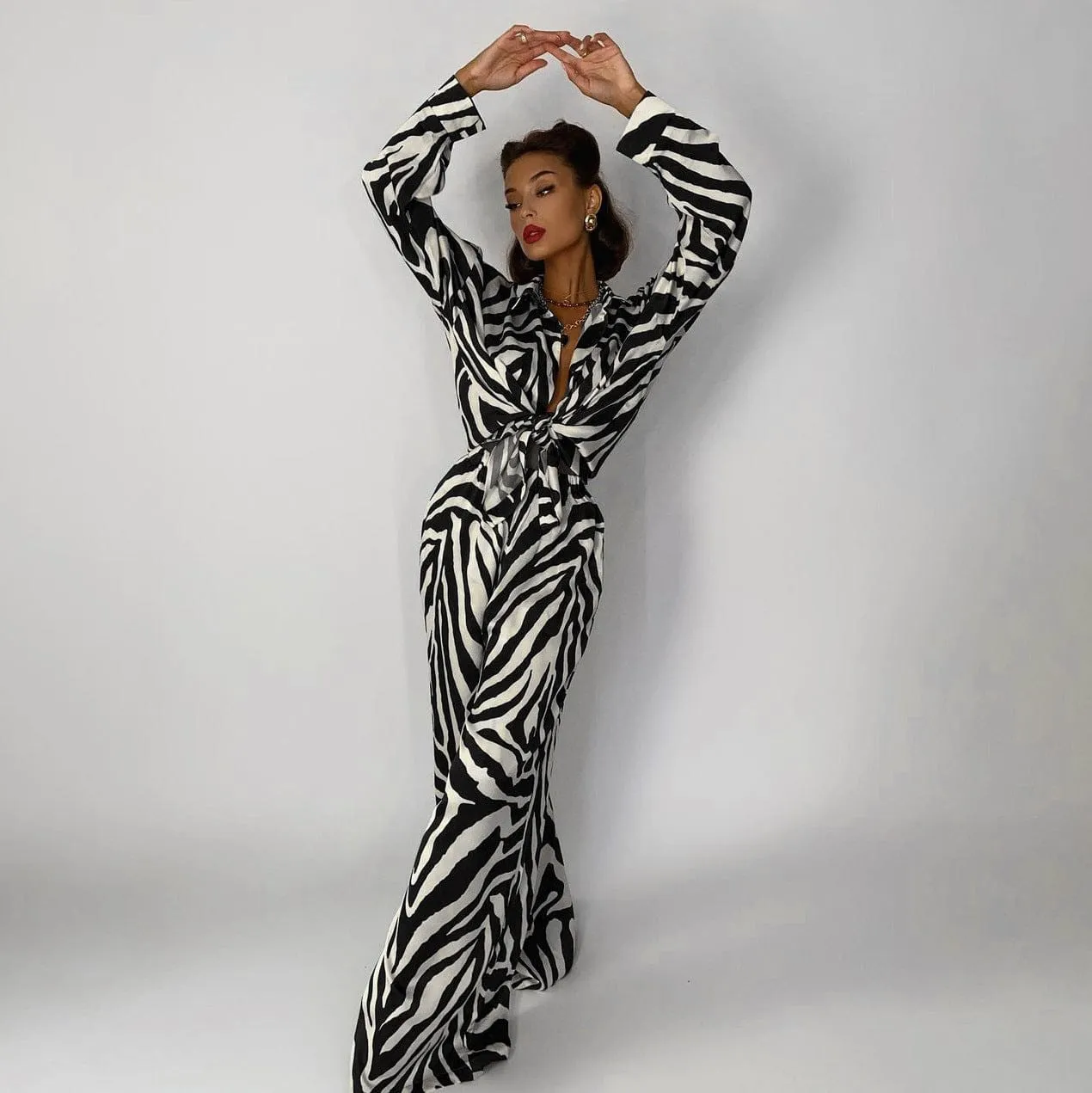 Stripes Pants Set Long Sleeve Blouse Matching Wide Trousers Suit