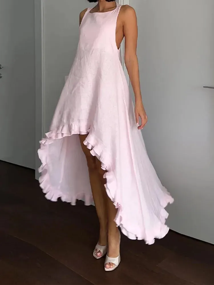 TAVIMART  -  Fashion Chiffon Ruffled Irregular Hem Long Dress Women's Elegant O-neck Sleeveless Dresses Summer Lady Beach Vacation Robes