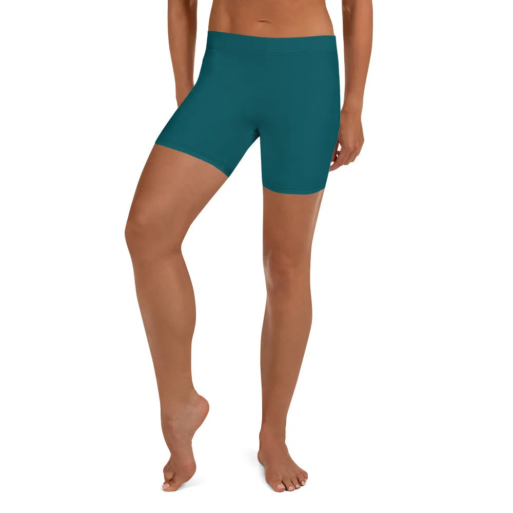 Teal Blue Women's Shorts, Solid Color Designer Blue Ladies' Elastic Tights-Made in USA/EU/MX