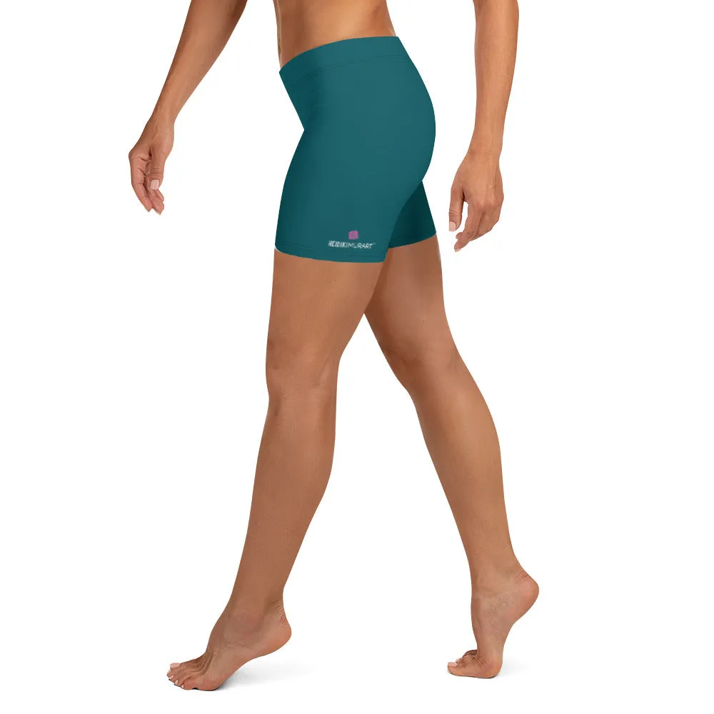 Teal Blue Women's Shorts, Solid Color Designer Blue Ladies' Elastic Tights-Made in USA/EU/MX