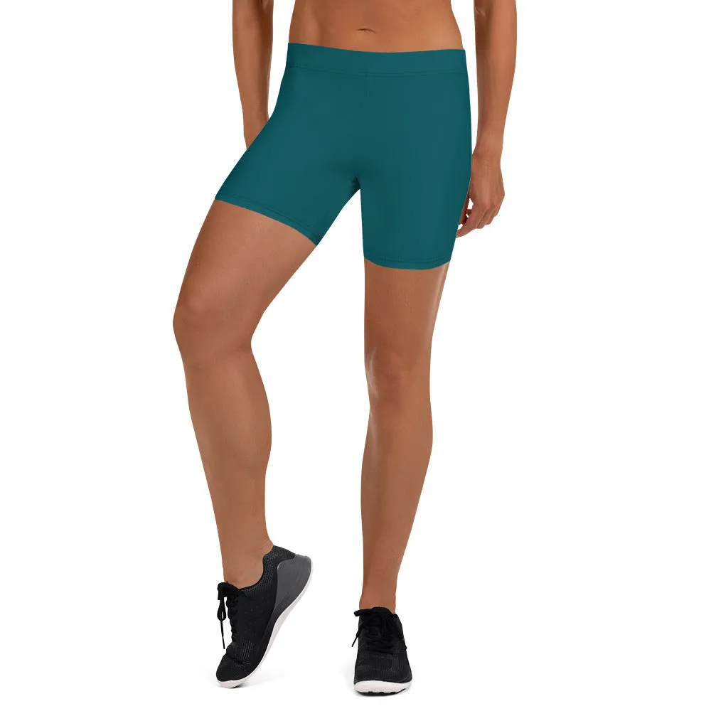 Teal Blue Women's Shorts, Solid Color Designer Blue Ladies' Elastic Tights-Made in USA/EU/MX