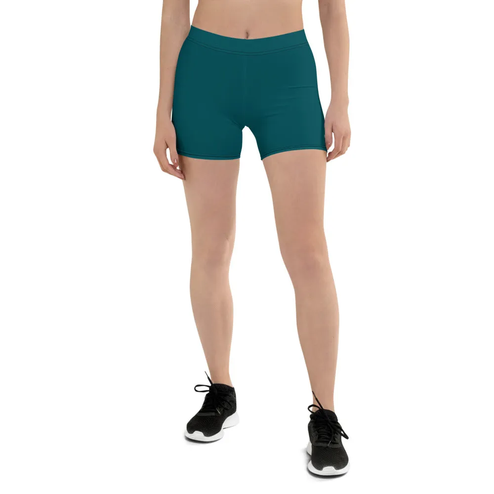 Teal Blue Women's Shorts, Solid Color Designer Blue Ladies' Elastic Tights-Made in USA/EU/MX