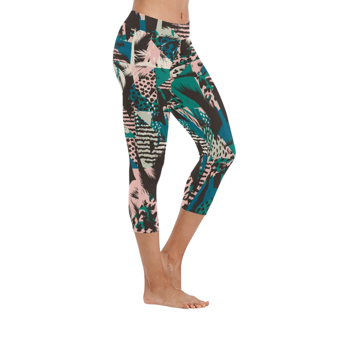 Trendy Seamless Exotic Pattern with Palm Animal Women's Low Rise Capri Leggings (Invisible Stitch)