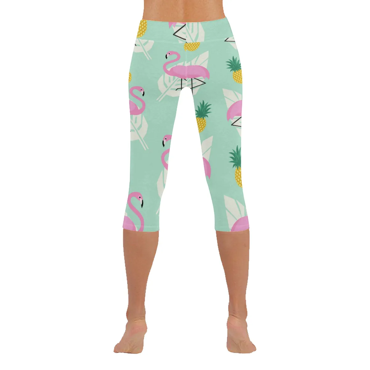 Tropical Pink Flamingos Pineapples and Palm Leaf Women's Low Rise Capri Leggings (Invisible Stitch)