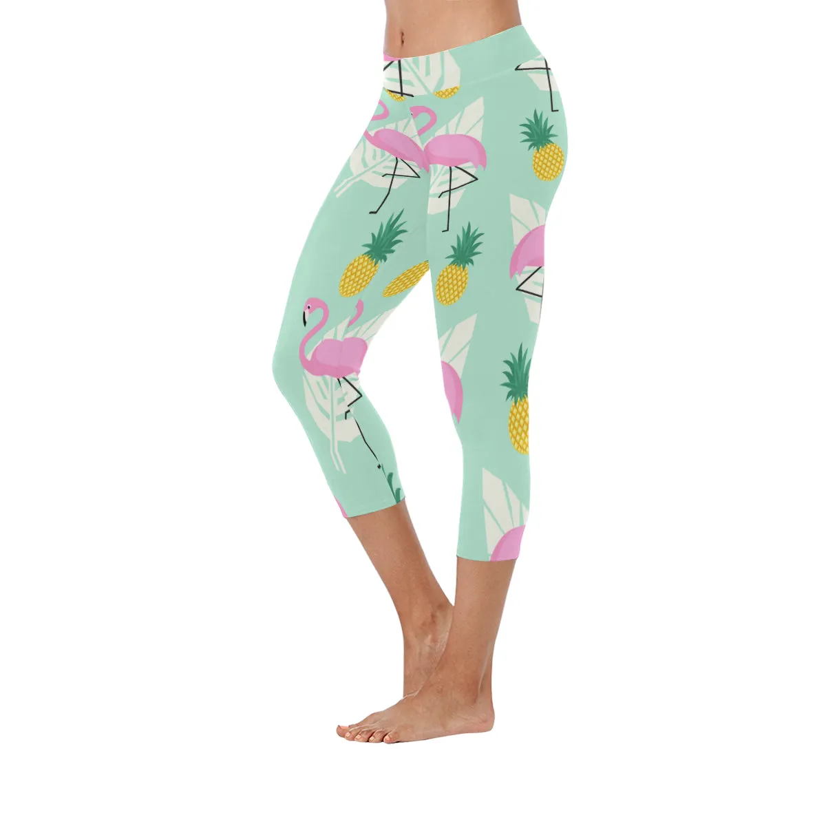 Tropical Pink Flamingos Pineapples and Palm Leaf Women's Low Rise Capri Leggings (Invisible Stitch)