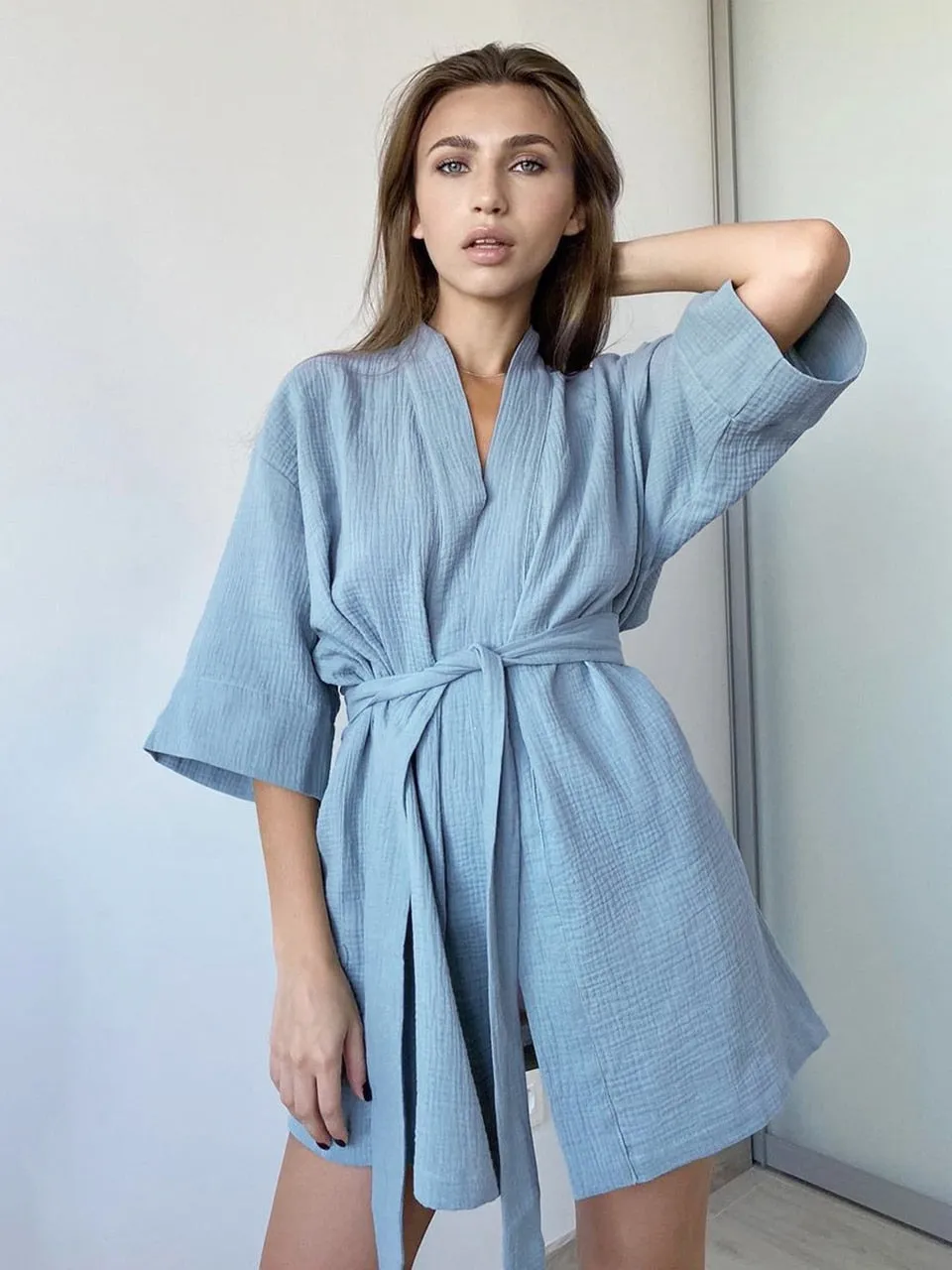 Wenkouban Crape Cotton Robe Women's Nightwear Mini Bathrobes Lace Up Sleepwear Muslin Women'S Home Clothes Solid Color Robes Women Nightie