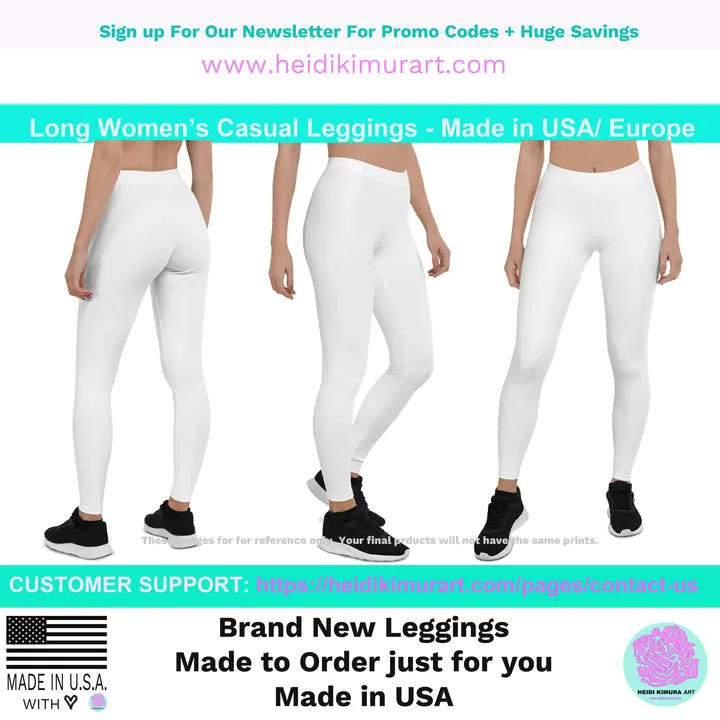 White Casual Women's Leggings, Long Solid Color Ladies' Running Tights-Made in USA/EU/MX