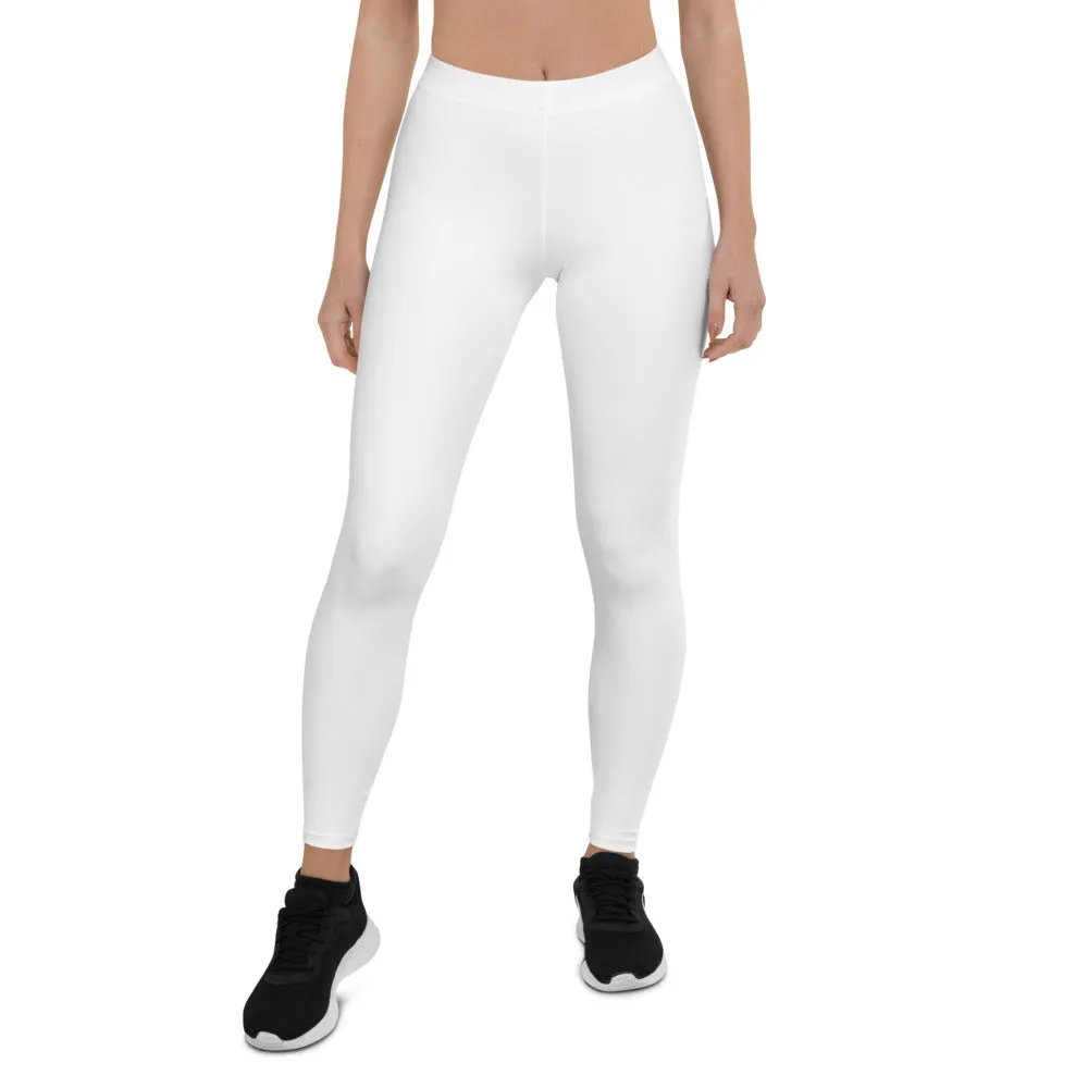 White Casual Women's Leggings, Long Solid Color Ladies' Running Tights-Made in USA/EU/MX