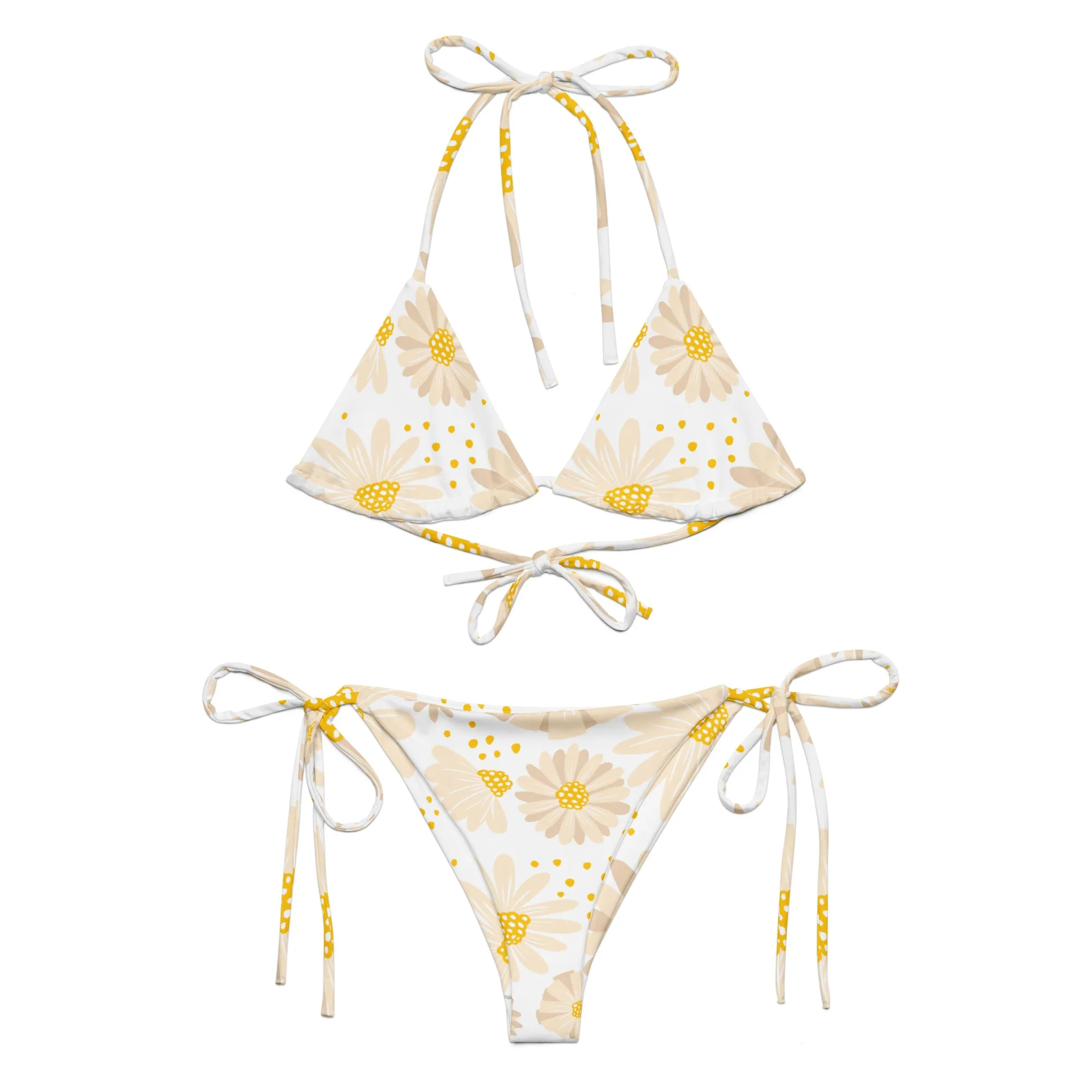 White with Daisies Pattern String Bikini by Dumbbells and Hotels