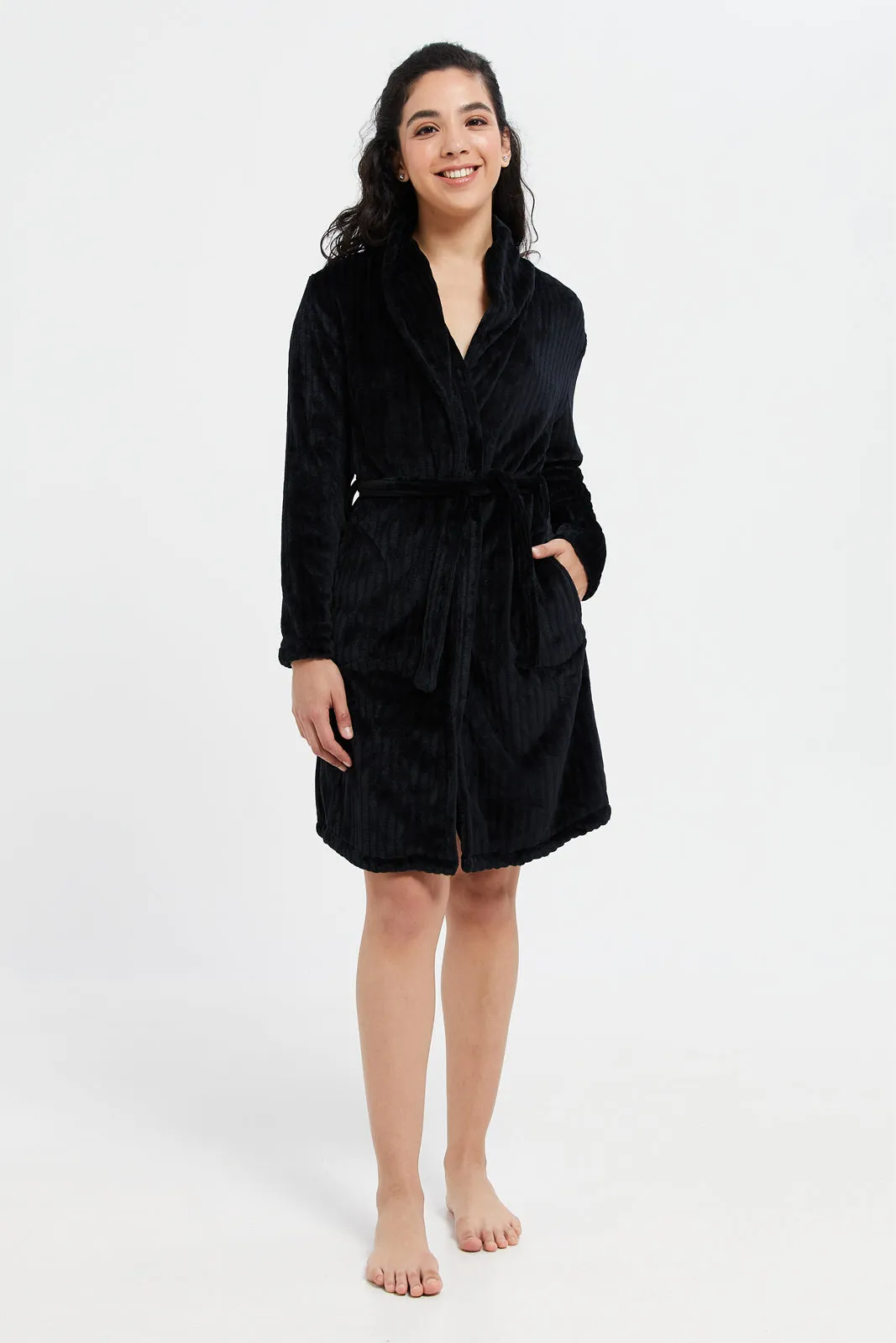 Women Black Jacquard Fur Robe