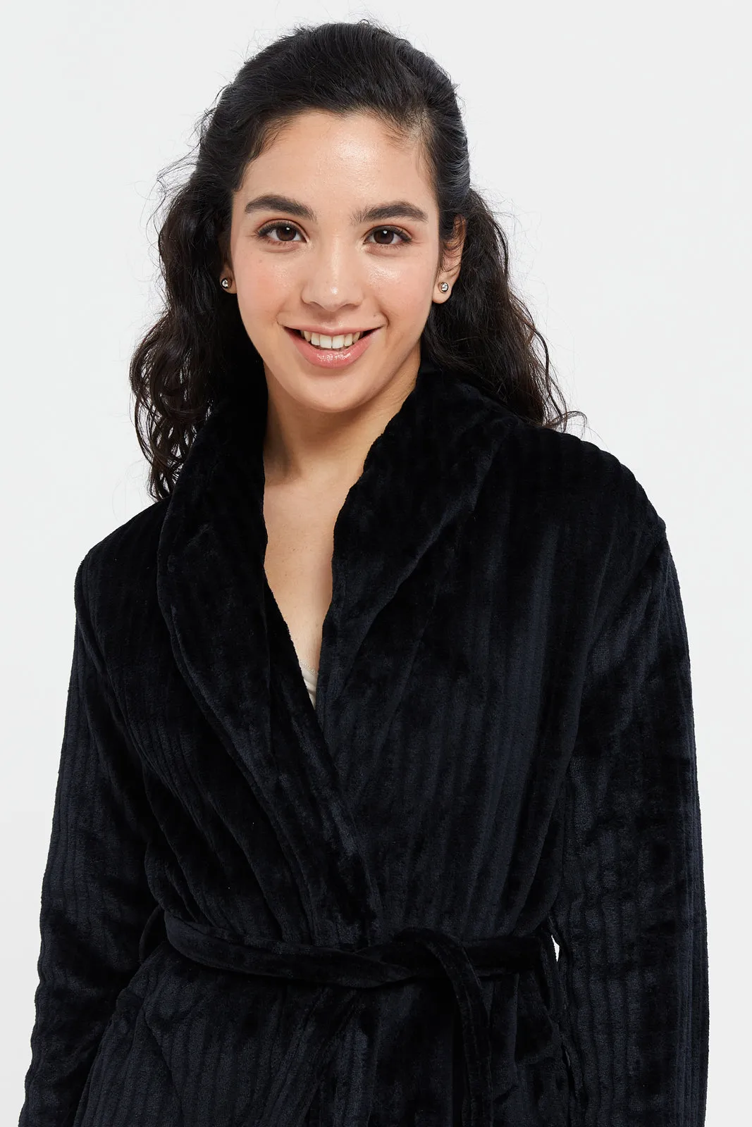 Women Black Jacquard Fur Robe