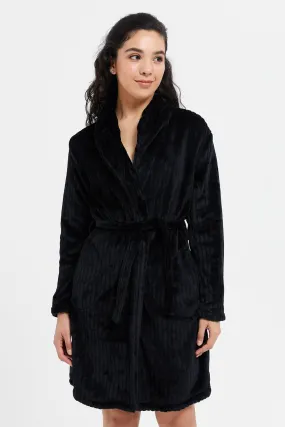 Women Black Jacquard Fur Robe