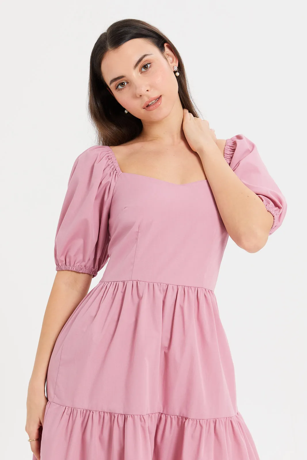 Women Fuchsia Puff Sleeve Poplin Dress