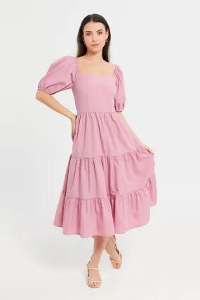 Women Fuchsia Puff Sleeve Poplin Dress