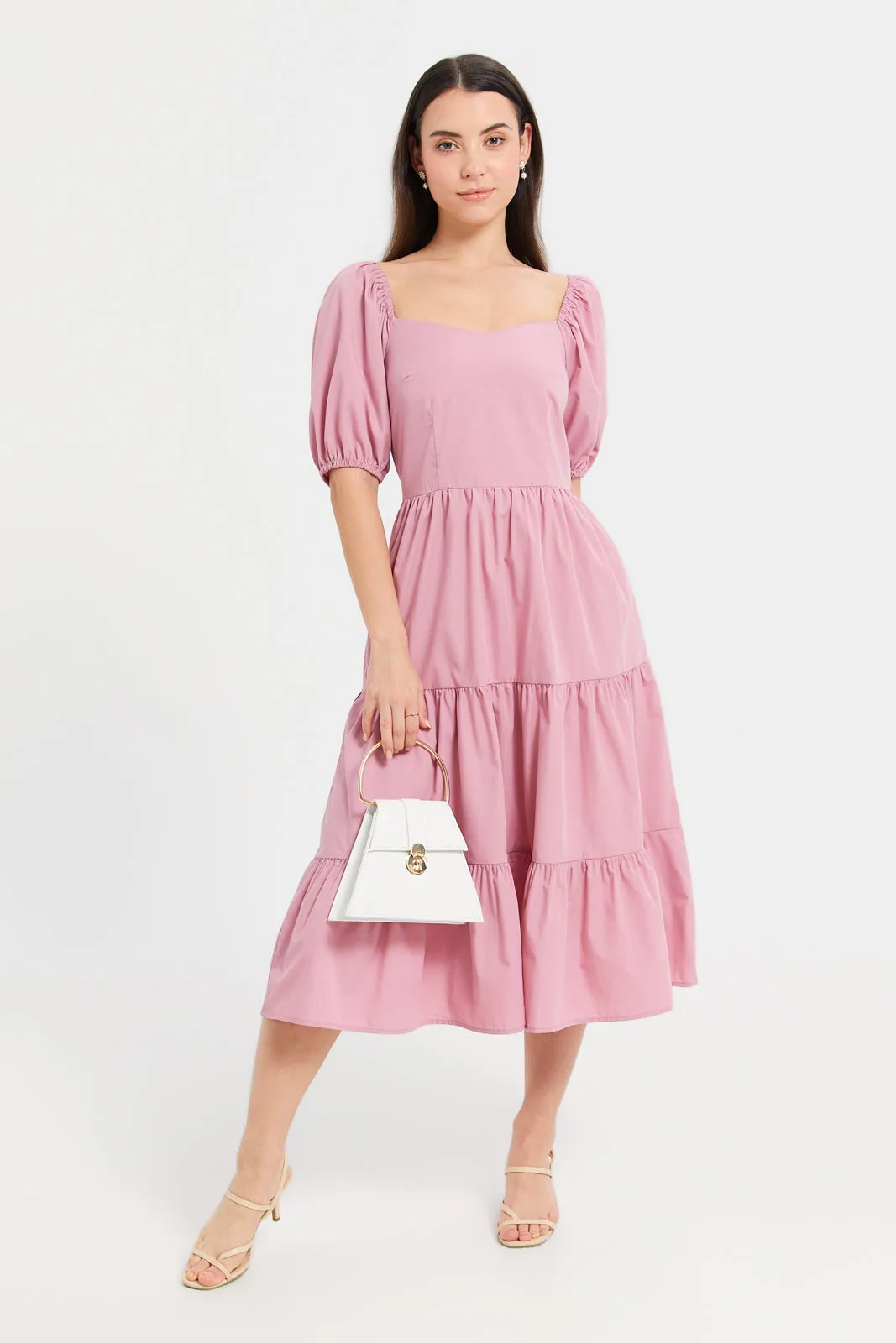 Women Fuchsia Puff Sleeve Poplin Dress