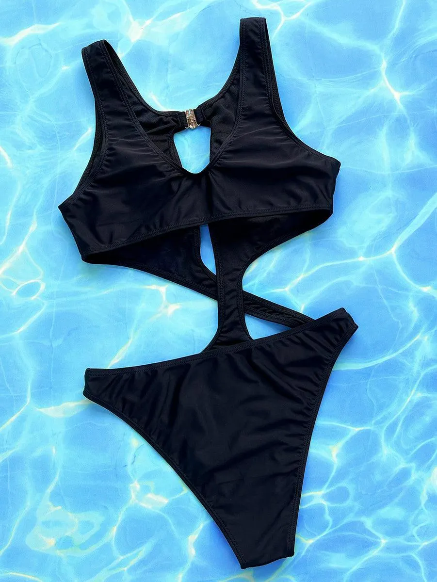 Women's Black One-Piece Swimsuit - Hollow Cutout Bathing Suit